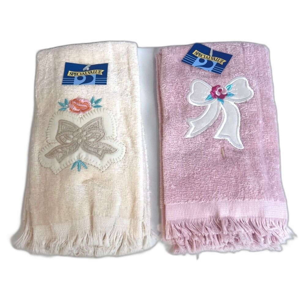 Set of 2 Royal Terry Guest Towel Packs NEW Pink & White-Bows 100% Cotton NOS